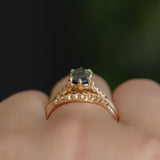 1.59ct Green Hexagon Madagascar Sapphire and Diamond Vintage Cathedral Six Prong Ring in 14k Yellow Gold