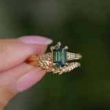 1.59ct Green Hexagon Madagascar Sapphire and Diamond Vintage Cathedral Six Prong Ring in 14k Yellow Gold