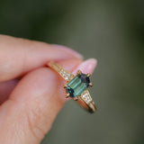 1.59ct Green Hexagon Madagascar Sapphire and Diamond Vintage Cathedral Six Prong Ring in 14k Yellow Gold