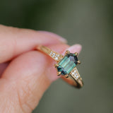 1.59ct Green Hexagon Madagascar Sapphire and Diamond Vintage Cathedral Six Prong Ring in 14k Yellow Gold
