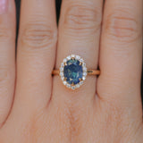 2.35ct Oval Glowy Teal Blue Untreated Nigerian Sapphire Antique-Style Diamond Halo Ring in 14k Yellow Gold