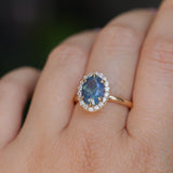 2.35ct Oval Glowy Teal Blue Untreated Nigerian Sapphire Antique-Style Diamond Halo Ring in 14k Yellow Gold