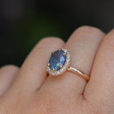 2.35ct Oval Glowy Teal Blue Untreated Nigerian Sapphire Antique-Style Diamond Halo Ring in 14k Yellow Gold