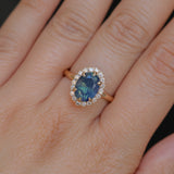 2.35ct Oval Glowy Teal Blue Untreated Nigerian Sapphire Antique-Style Diamond Halo Ring in 14k Yellow Gold