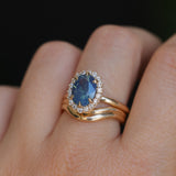 2.35ct Oval Glowy Teal Blue Untreated Nigerian Sapphire Antique-Style Diamond Halo Ring in 14k Yellow Gold