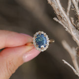 2.35ct Oval Glowy Teal Blue Untreated Nigerian Sapphire Antique-Style Diamond Halo Ring in 14k Yellow Gold
