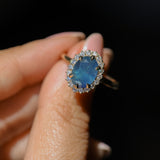 2.35ct Oval Glowy Teal Blue Untreated Nigerian Sapphire Antique-Style Diamond Halo Ring in 14k Yellow Gold