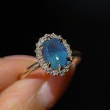2.35ct Oval Glowy Teal Blue Untreated Nigerian Sapphire Antique-Style Diamond Halo Ring in 14k Yellow Gold