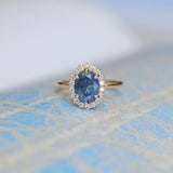 2.35ct Oval Glowy Teal Blue Untreated Nigerian Sapphire Antique-Style Diamond Halo Ring in 14k Yellow Gold