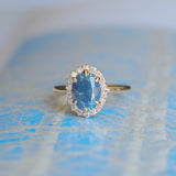 2.35ct Oval Glowy Teal Blue Untreated Nigerian Sapphire Antique-Style Diamond Halo Ring in 14k Yellow Gold