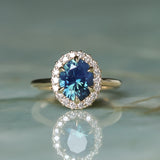 2.35ct Oval Parti Blue Untreated Nigerian Sapphire Antique-Style Diamond Halo Ring in 14k Yellow Gold