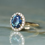 2.35ct Oval Parti Blue Untreated Nigerian Sapphire Antique-Style Diamond Halo Ring in 14k Yellow Gold