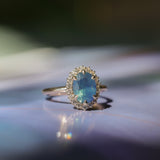 2.35ct Oval Glowy Teal Blue Untreated Nigerian Sapphire Antique-Style Diamond Halo Ring in 14k Yellow Gold