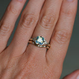 2.03ct Asscher Cut Untreated Sapphire and Trillion Diamond Antique Compass Set Low Profile Ring in 14k Green Gold