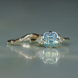 2.03ct Asscher Cut Untreated Sapphire and Trillion Diamond Antique Compass Set Low Profile Ring in 14k Green Gold