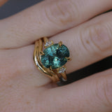 7.19ct Oval Light Teal Seafoam Madagascar Sapphire and Princess Cut Diamond Rapids Low Profile Ring in 18k Yellow Gold