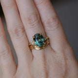 7.19ct Oval Light Teal Seafoam Madagascar Sapphire and Princess Cut Diamond Rapids Low Profile Ring in 18k Yellow Gold