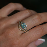 2.03ct Asscher Cut Untreated Sapphire and Trillion Diamond Antique Compass Set Low Profile Ring in 14k Green Gold