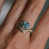 2.03ct Asscher Cut Untreated Sapphire and Trillion Diamond Antique Compass Set Low Profile Ring in 14k Green Gold