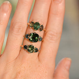 1.53ct Untreated Australian Oval Sapphire and Parti Oval Three Stone Low Profile Six Prong Ring in 14k Yellow Gold