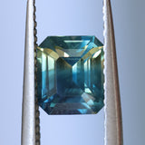 2.45CT MADAGASCAR EMERALD CUT SAPPHIRE, PARTI BLUE TEAL YELLOW, UNTREATED, 7.7X6.7X4.8MM