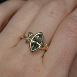 1.82ct Green Untreated Montana Marquise Sapphire in Wandering Vine Low Profile Bezel Setting with Pear Diamond in 14k Yellow Gold
