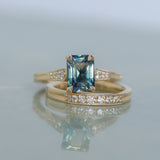 1.88ct Radiant Cut Parti Madagascar Sapphire and Diamond Vintage Cathedral Double Prong Ring in 14k Yellow Gold