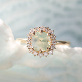 2.18ct"Old Mine Cushion" cut Silky Light Green Montana Sapphire Antique-Style Diamond Halo Ring in 14k Yellow Gold