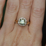 2.18ct"Old Mine Cushion" cut Silky Light Green Montana Sapphire Antique-Style Diamond Halo Ring in 14k Yellow Gold