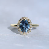 2.52ct Oval Untreated Montana Sapphire Antique-Style Diamond Halo Ring in 18k Yellow Gold