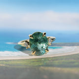 7.19ct Oval Light Teal Seafoam Madagascar Sapphire and Princess Cut Diamond Rapids Low Profile Ring in 18k Yellow Gold