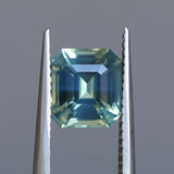 2.06CT MADAGASCAR EMERALD CUT SAPPHIRE, LIGHT TEAL BLUE GREEN BICOLOR, UNTREATED, 7.3X6.8X4.6MM