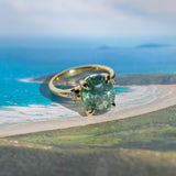 7.19ct Oval Light Teal Seafoam Madagascar Sapphire and Princess Cut Diamond Rapids Low Profile Ring in 18k Yellow Gold