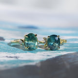 7.19ct Oval Light Teal Seafoam Madagascar Sapphire and Princess Cut Diamond Rapids Low Profile Ring in 18k Yellow Gold