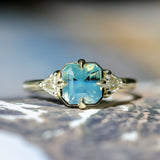 2.03ct Asscher Cut Untreated Sapphire and Trillion Diamond Antique Compass Set Low Profile Ring in 14k Green Gold