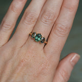 1.53ct Untreated Australian Oval Sapphire and Parti Oval Three Stone Low Profile Six Prong Ring in 14k Yellow Gold