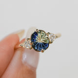 1.20ct Untreated Oval Parti Australian Fantasy Cut Sapphire and Natural Trillion Diamond Antique Milgrain Three Stone Low Profile Ring in 14k Yellow Gold