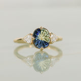 1.20ct Untreated Oval Parti Australian Fantasy Cut Sapphire and Natural Trillion Diamond Antique Milgrain Three Stone Low Profile Ring in 14k Yellow Gold