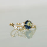 1.20ct Untreated Oval Parti Australian Fantasy Cut Sapphire and Natural Trillion Diamond Antique Milgrain Three Stone Low Profile Ring in 14k Yellow Gold