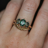 1.53ct Untreated Australian Oval Sapphire and Parti Oval Three Stone Low Profile Six Prong Ring in 14k Yellow Gold