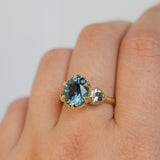 3.93ct Untreated Oval Teal Montana Sapphire and Trillion Australian Sapphire Three Stone Scallop Cup Antique Style with Milgrain Low Profile Ring in 18k Yellow Gold