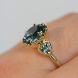3.93ct Untreated Oval Teal Montana Sapphire and Trillion Australian Sapphire Three Stone Scallop Cup Antique Style with Milgrain Low Profile Ring in 18k Yellow Gold