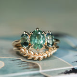 1.53ct Untreated Australian Oval Sapphire and Parti Oval Three Stone Low Profile Six Prong Ring in 14k Yellow Gold