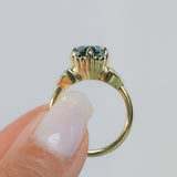 3.93ct Untreated Oval Teal Montana Sapphire and Trillion Australian Sapphire Three Stone Scallop Cup Antique Style with Milgrain Low Profile Ring in 18k Yellow Gold