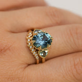 3.93ct Untreated Oval Teal Montana Sapphire and Trillion Australian Sapphire Three Stone Scallop Cup Antique Style with Milgrain Low Profile Ring in 18k Yellow Gold