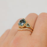 3.93ct Untreated Oval Teal Montana Sapphire and Trillion Australian Sapphire Three Stone Scallop Cup Antique Style with Milgrain Low Profile Ring in 18k Yellow Gold