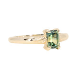 0.98ct Australian Emerald Cut Parti Sapphire Low Profile Four Prong Spring Bloom Solitaire in 14k Yellow Gold