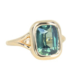 4.09ct Elongated Cushion Cut Teal Sapphire Low Profile Split Shank Bezel Ring in 14k Yellow Gold- Appraised Stone