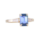 2.16ct Emerald Cut Blue Madagascar Sapphire and Diamond Vintage Cathedral Four Prong Ring in 14k Yellow Gold