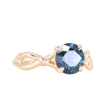 1.98ct Round Untreated Deep Parti Teal Sapphire Twisted Vine Split Shank Solitaire in 14k Yellow Gold with Diamonds